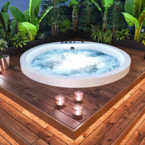 Luxury apartment terrace with hot tub hot tub. Wooden platform, plants, candles and LED light. Template for copy space. Render.