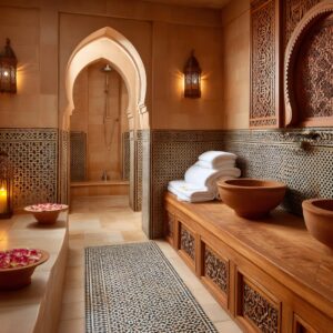 Traditional moroccan hammam spa interior featuring ornate tiles, wooden accents, and soft lighting, creating a serene atmosphere